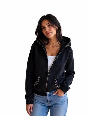 Edgy Black Hoodie with Metal Accents Size L